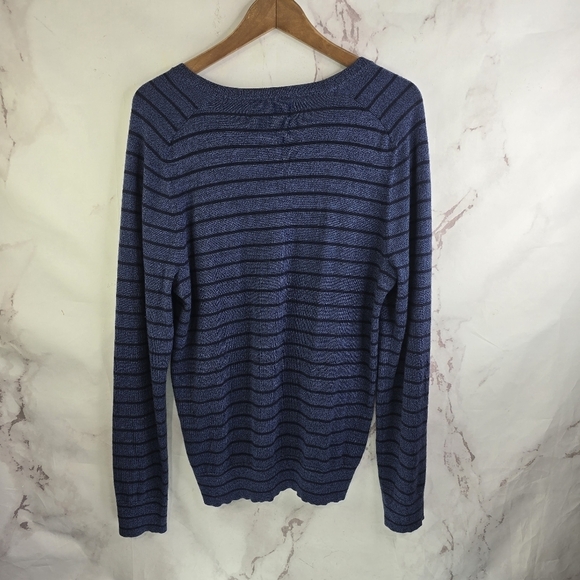 Banana Republic Sweater Men Medium Blue Merino Wool Striped V Neck Navy Baruffa - Picture 5 of 11